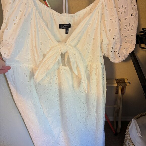 ELOQUII Women's Plus Size White Eyelet Tie Front Maxi Dress - Picture 6 of 7